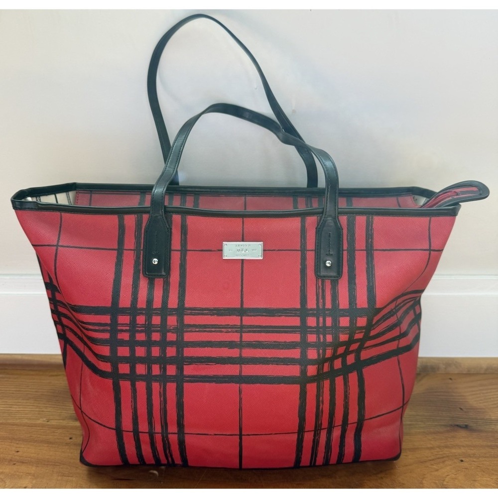 Lauren Ralph Lauren RLL Plaid PVC Tote Bag Red Black Large Carryall Zip Shopper